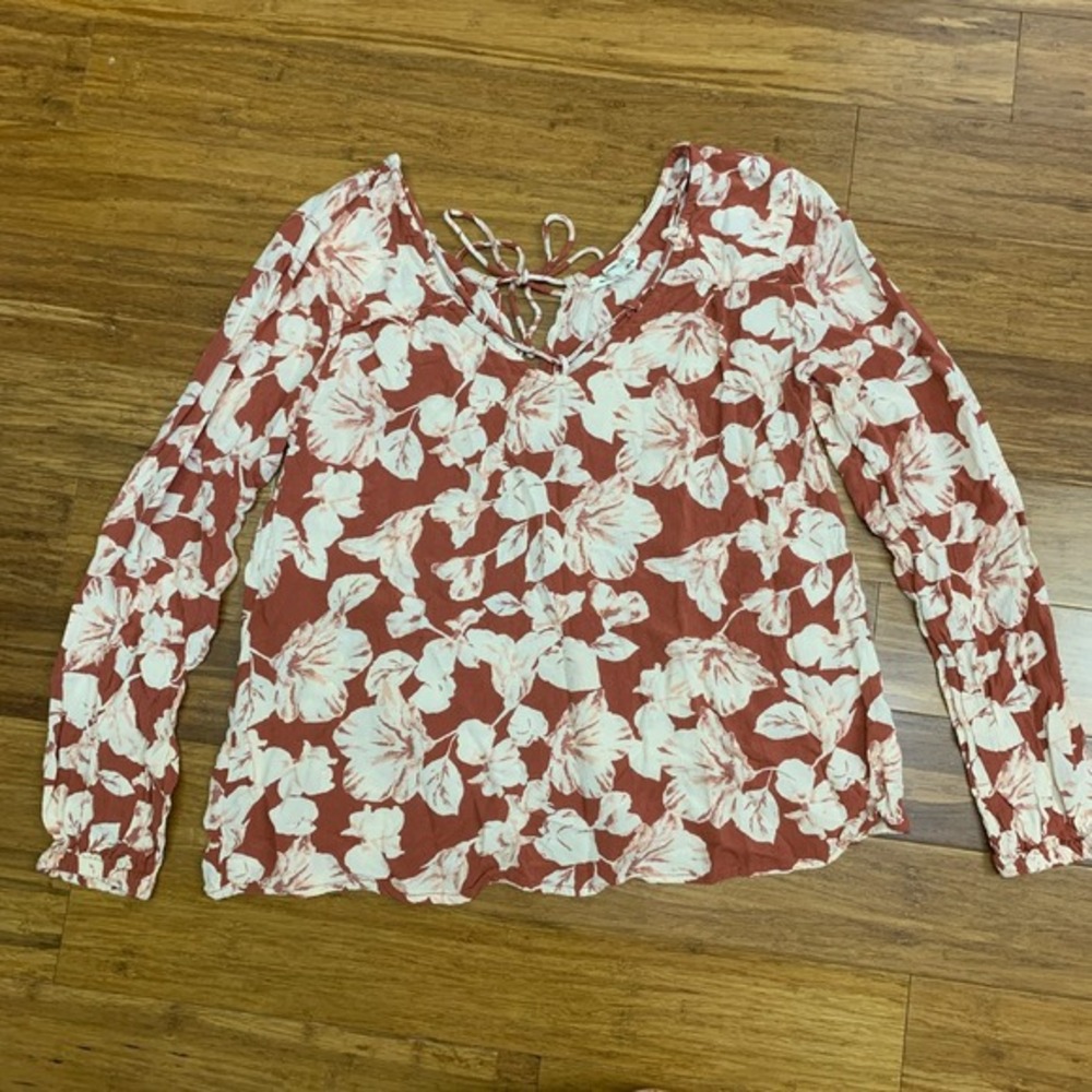Billabong‎ Winding Roads Top Womens Small Floral Blouse Long Sleeve Tie Neck